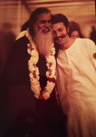 Photo with Swami Satchidananda, a book given to (then) Narayana, the front cover inscription, and a group photo before leaving for Los Angeles